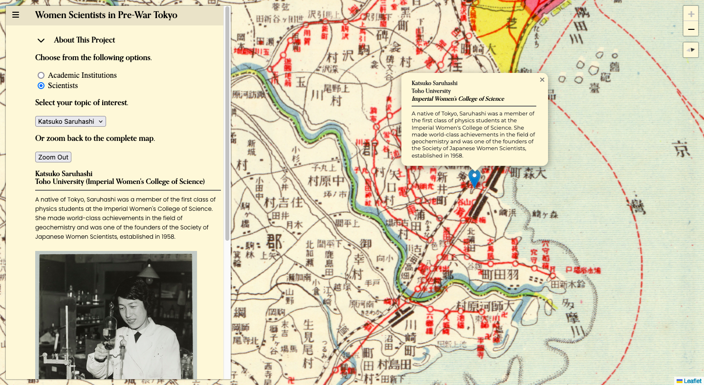 A web map application to show the presence and contributions of women scientists in Pre-War Tokyo.